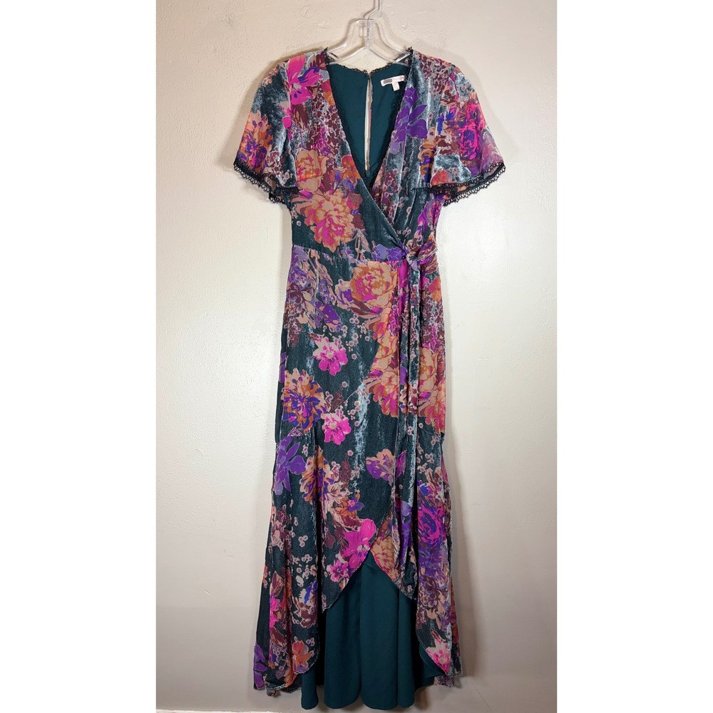 Harlyn Floral Velvet Burnout Maxi Dress Teal XS Lace Trim Boho Wedding Guest